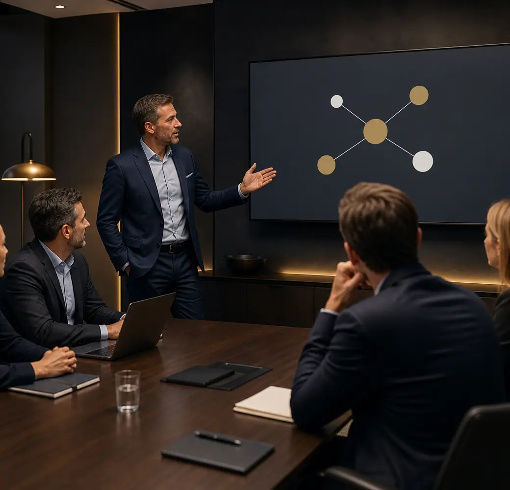 Équipe en session de travail autour d'un diagramme de transformation digitale